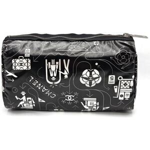 Chanel Travel Icon Cosmetic Pouch Bag Black White CC Logo Airline Print 16S A824